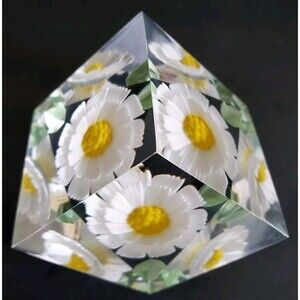 1970s Flower Power Acrylic Lucite Paperweight Cube 2" Slanted Block Russ Berrie